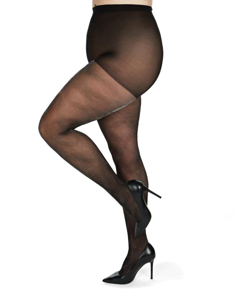 Side of a model wearing a size L-XL Statement Shimmer Sheer Tights in Black by Memoi. | dia_product_style_image_id:300186